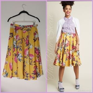 EUC Modcloth Ikebana For All Yellow Floral Midi Skirt Pockets S